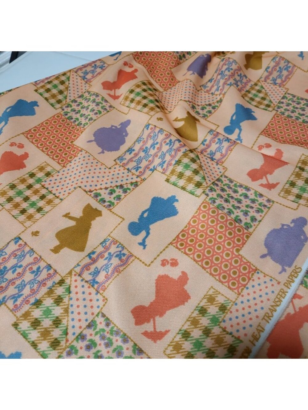 VTG 70's Poly Patchwork Fabric 3 yards peach orange Sunbonnet Sue Hollie Hobbie